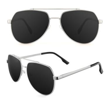 Imagem de Óculos de sol aviador masculinos, leves, masculinos, armação de metal, piloto para dirigir e pescar, Prateado, cinza