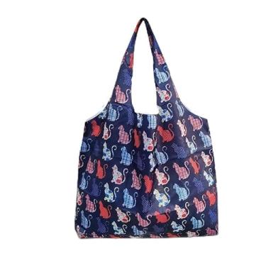Imagem de Bolsa feminina portátil de grande capacidade, bolsa de compras dobrável, muito adequada para fitness, viagens e uso diário, estampa de gato azul
