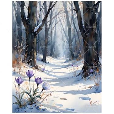 Imagem de Kit de pintura de inverno da floresta por números para adultos - Trilha de neve DIY com pintura de flores roxas em tela 40,6 x 50,8 cm, conjunto de tinta acrílica, adequado para iniciantes, arte para