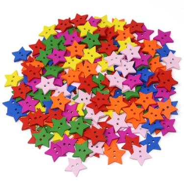 Imagem de 200 peças lindas estrelas coloridas botões de madeira rústicos 2 furos estrela costura botões roupas decoração suprimentos para saias, luvas, suéteres, camisas, chapéus, cachecóis, scrapbooking