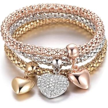 Imagem de 4 peças/conjunto de pulseiras e pulseira de contas elásticas de várias camadas estilo boêmio (feminino) moda coração borla pingente pulseira feminina joia, One Size, Liga metálica, Liga metálica.