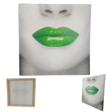 Imagem de Quadro Boca Batom Verde Labio Textura Moldura 40x40 Decoraçao Sala Quarto Recepçao Consultorio Enfeite