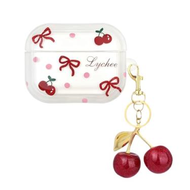 Imagem de Frstem Capa de fone de ouvido para AirPods Pro, linda capa transparente e adorável com chaveiro cereja design de cerejeira com design de silicone TPU macio, capa protetora à prova de choque para