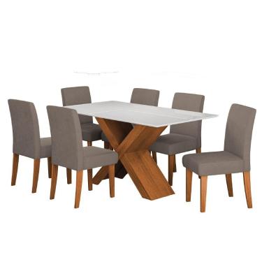 Imagem de Conjunto De Mesa Sala De Jantar Tampo Com Vidro 1,60m Grécia 6 Cadeiras Trieste Dobuê Madeirado/mascavo
