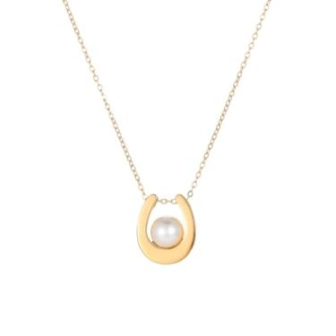 Imagem de NONAMOIS Colar feminino com pingente de lua e estrela do mar banhado a ouro 18 K banhado a ouro 18 quilates com opala branca redonda, colar de pérola em ferradura da sorte, joia de aço inoxidável, Aço