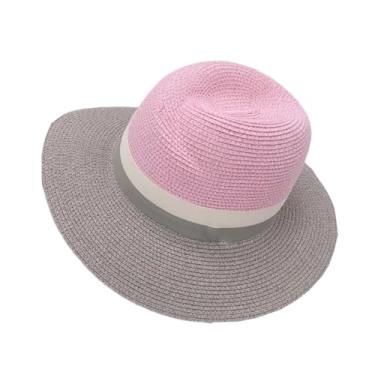 Imagem de Chapéu feminino de jazz de aba larga chapéu de palha rosa cinza costura protetor solar casual chapéu de palha pnnrk 2 54-58 cm