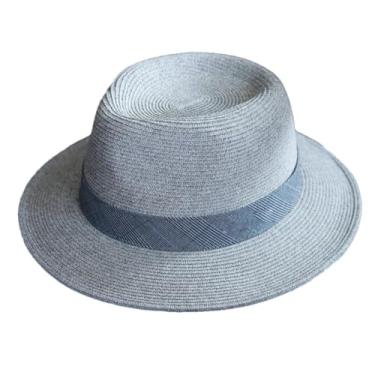 Imagem de Chapéu masculino de verão macio com aba larga para sol de praia proteção UV chapéu de jazz cinza 9 rotina quadriculada 55-57 cm