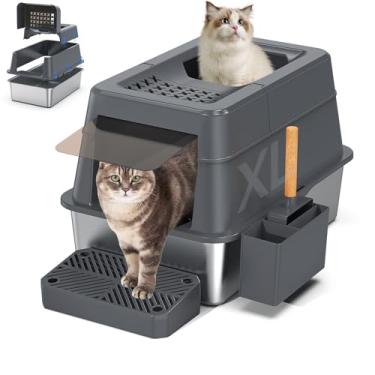 Imagem de Caixa de areia de aço inoxidável com tampa, caixa de areia extra grande fechada para gatos para todos os gatos, design modular com capa flip, caixa de metal de alta face para gatos e pedal e colher