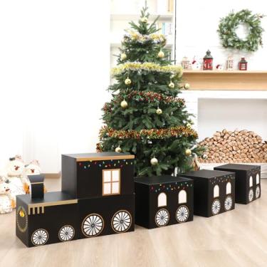 Imagem de Eaasty 7 peças de decoração de trem expresso de Natal, caixas de trem de papelão, presentes de Papai Noel, trens, presentes, caixas de armazenamento para decorações de Natal (moto de neve polar, preto