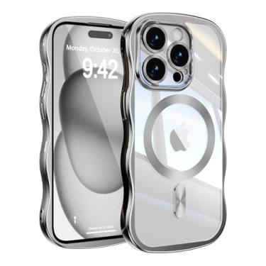 Imagem de UEEBAI Capa para iPhone 14 Pro Max, linda capa de celular magnética com moldura ondulada compatível com Magsafe, capa de celular galvanizada macia para mulheres e meninas - prata