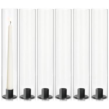 Imagem de Vixdonos Suporte de vela de vidro Hurricane com suporte de vela de metal, conjunto de 6 castiçais modernos cônicos de 30 cm de altura para mesa de festa de casamento centro de mesa ao ar livre