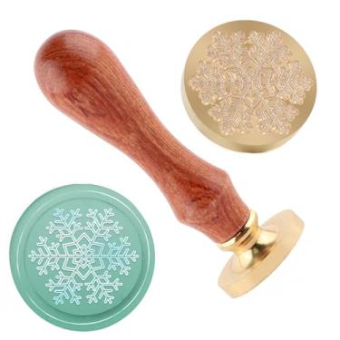 Imagem de Carimbo de lacre de cera de Natal, floco de neve, latão e cabo de madeira, cabeça para cartões de Natal, convites, cartas, envelopes, cartões de felicitações, presentes