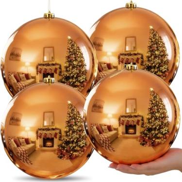 Imagem de Zubebe 4 peças de enfeites de bola de Natal extragrande de 200 mm (8") bola de Natal grande grande de plástico para decoração de árvore de Natal para festas de fim de ano (laranja bronze)