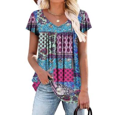 Imagem de Blusa túnica feminina ROSELINLIN com babados, manga curta, decote em V