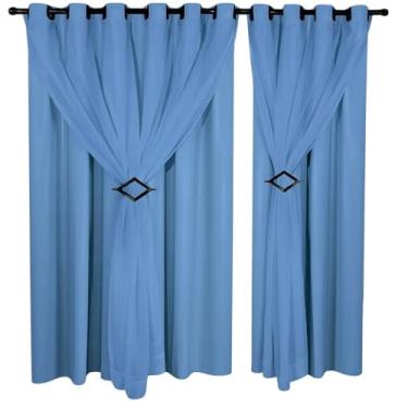 Imagem de Cortina Corta Luz 3,00m X 2,80m 100% Blackout Com Voil Branco Para Sala Ou Quarto Varão Simples(Azul)