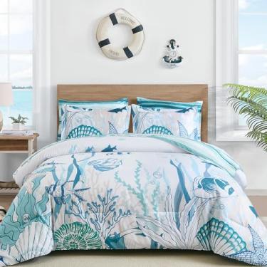 Imagem de WONGS BEDDING Conjunto de cama king-size costeiro, cama temática náutica de praia em uma bolsa, edredom macio e quente para todas as estações, 264 x 228 cm