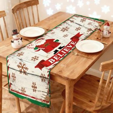 Imagem de Caminho de mesa de Natal 33 x 91 cm - Decoração de mesa de jantar de cozinha de inverno impressa vintage Papai Noel com bengala doce e flocos de neve corredor para decoração de casa de férias festivas