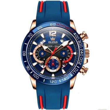 Imagem de Relógio Quartzo Impermeável Masculino Esportivo Casual Pulseira De Borracha Azul Dourado
