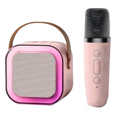 Imagem de Mini Caixa de Som Portátil com Microfone Bluetooth, RGB LED, 5W, Bateria 1200mAh, Dimensões 9x9x7cm, Conexão Bluetooth 5.0, Karaokê, com Controle de Volume e Efeitos de Voz (Rosa)