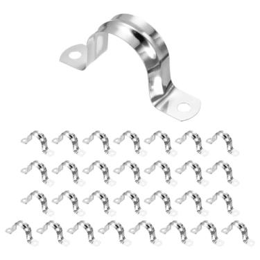 Imagem de HARFINGTON Braçadeiras de conduíte de 35 mm de 30 peças, braçadeira de tubo M35 U, correia rígida de aço inoxidável, suporte em forma de U com dois furos para fixação de fio de mangueira de tubo