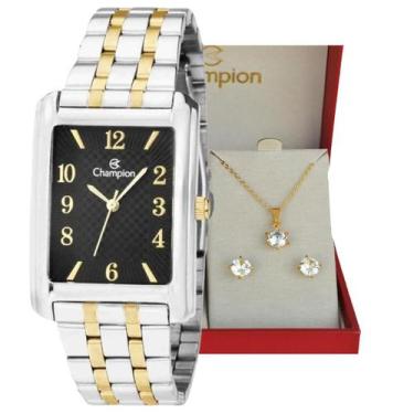 Imagem de Relogio champion feminino misto quadrado cn20373k + kit semi joia