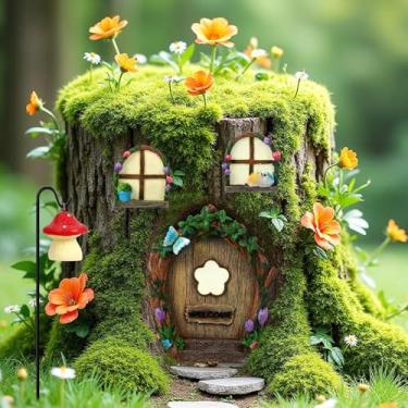 Imagem de Augshy 4 peças de janelas de porta de fada e lanterna para árvores que brilham no escuro, portas de fadas para árvores ao ar livre para cômodos, gnomos, pátios, gramados, decorações de jardim