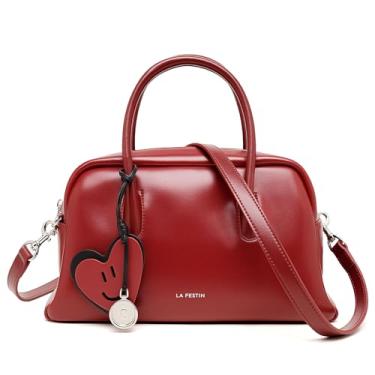 Imagem de LA FESTIN Bolsa de ombro de couro com alça superior para mulheres, bolsas transversais fofas com alça removível, bolsas de couro genuíno, Vermelho