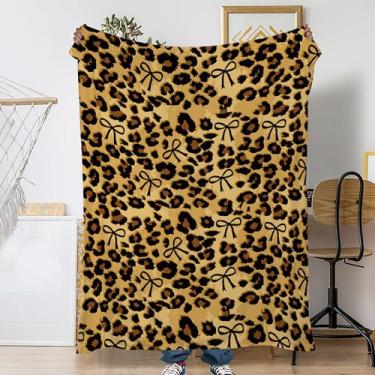 Imagem de Cobertor para sofá, manta de outono de pelúcia com estampa de leopardo marrom, laço preto macio para decoração de sofá, cobertor de lã de flanela para sonecas, leitura, viagem, acampamento, 127 x 152