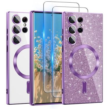 Imagem de Capa para Galaxy S23 Ultra compatível com MagSafe, [cartão de glitter e 2 peças de películas HD] Linda capa brilhante brilhante [nunca amarela], fina, à prova de choque, antiarranhões, macia e