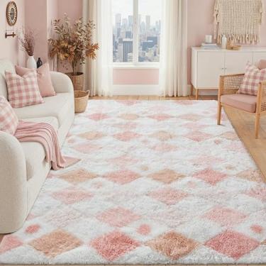 Imagem de PureCozy Tapete quadriculado 12 x 18 cm felpudo fofo sala de estar rosa tapete moderno lavável macio felpudo antiderrapante tapetes felpudos para quarto, dormitório, escritório, casa, decoração