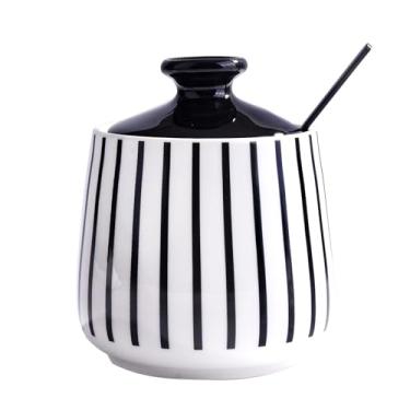 Imagem de Cerficer Açucareiro de cerâmica com colher, padrão preto e branco, recipiente de porcelana de 300 ml com tampa, armazenamento de cozinha de 8 x 10,5 cm (tw)