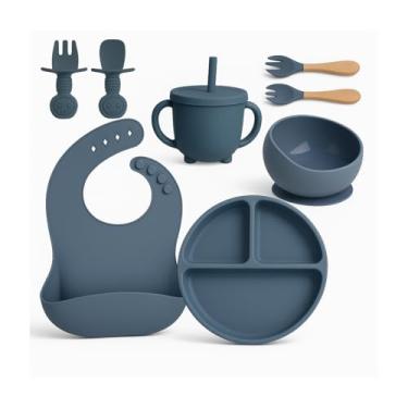Imagem de Kit Introdução Alimentar Bebe 8 Peças Silicone Iniciação Para Alimentos Livre de BPA Atóxico Antibacteriano Seguro Sem Pontas Colher, Garfo, Copinho, Pote e Pratinho - Azul