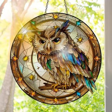 Imagem de Apanhador solar de acrílico colorido, decoração de janela suspensa de coruja com design de vitral impresso, apanhador de sol, arte de parede de arco-íris, ornamentos de Natal para uso interno e