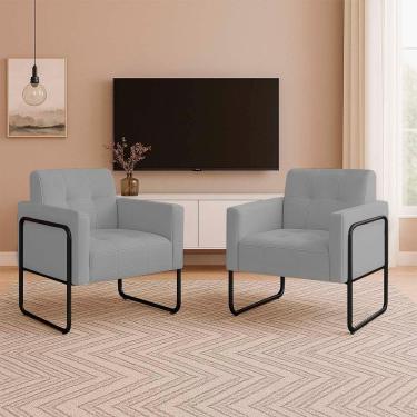 Imagem de Poltrona Sala Industrial Alta Tubo Preto Kit 2 Elisa Suede Cinza D03 - D'rossi