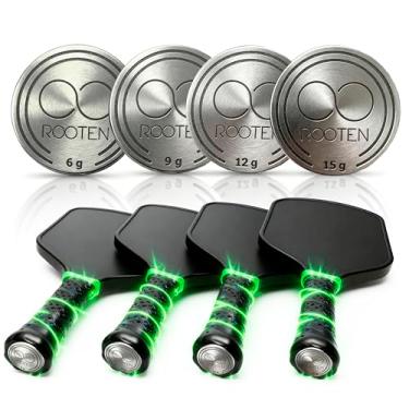Imagem de 4 x Moedas de Tampa Ponderada de Pickleball – 4 pesos de contrapeso de aço inoxidável (6 g, 9 g, 12 g, 15 g) – Melhora o controle, o equilíbrio e a velocidade da mão – Sistema autoadesivo – Serve para