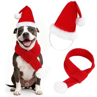 Imagem de YUEPET Conjunto de chapéu e cachecol de Papai Noel 3D ajustável para cães, conjunto de fantasia de Natal macio para animais de estimação, cachecol vermelho de malha com bola pompom branca para cães