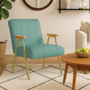 Imagem de Poltrona Sala Decorativa Industrial Dourado Laurita Linho Verde Menta K01 - D'Rossi