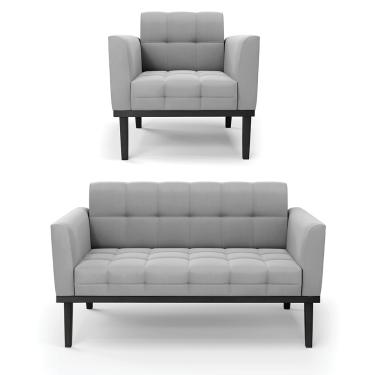 Imagem de Sofá Namoradeira e Poltrona Base de Madeira Preto Elisa Suede Cinza D03 - D'Rossi