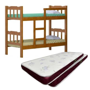 Imagem de Beliche De Madeira Maciça Reforçada Com 2 Colchões Castor D20 Nogueira Shop Jm