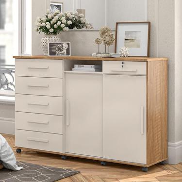 Imagem de Cômoda Max 2020 06 Gavetas 02 Portas Off White Com Amêndoa - Lukaliam Móveis