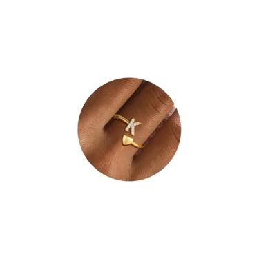 Imagem de Fezodo Anéis de Inicial de Ouro para Mulheres Não Manchas, Delicados Banhado a Ouro 14K Inicial Ajustável Anel Bonito Coração Letras Presentes de Aniversário para Mulheres, Latão, Sem pedra preciosa