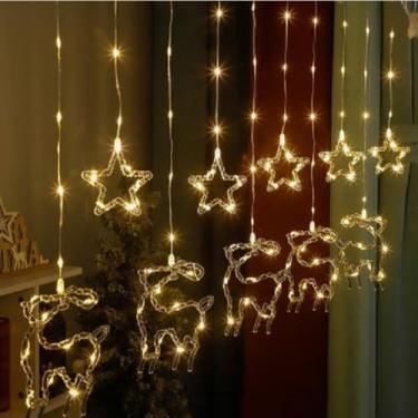 Imagem de Pisca Pisca Natalino LED, 10 Fitas com Renas e Estrelas, 7W, Bivolt 110-220V, para Decoração Interna e Externa Coberta (Amarelo quente)