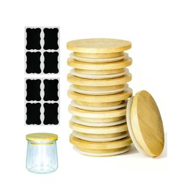 Imagem de TERESRY Pacote com 8 tampas de pote de iogurte Oui com 8 etiquetas, tampas de bambu de grau alimentício para potes de iogurte Oui de 142 g, tampas de conserva de madeira reutilizáveis perfeitas para