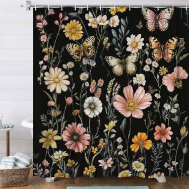 Imagem de Ptrxobj Cortina de chuveiro borboleta floral fundo preto boho flores silvestres lâmina decoração de banheiro tema natureza vintage poliéster resistente à água cortina de banheiro com ganchos 182 x 182
