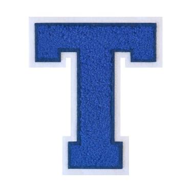 Imagem de 1 peça de patch de letra de chenille azul de 11,4 cm com borda branca – adesivos do alfabeto para roupas, jaquetas, mochilas, chapéus para decoração personalizada, nome personalizado e artesanato. (T)