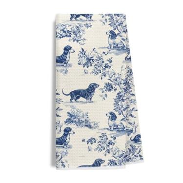 Imagem de Evcprz Chinoiserie Toalhas de cozinha Dachshund, presentes para amantes de cães Weiner, toalha de chá azul e branca Doxie para cozinha, toalhas de mão de cachorro com salsicha Grandmillennial para
