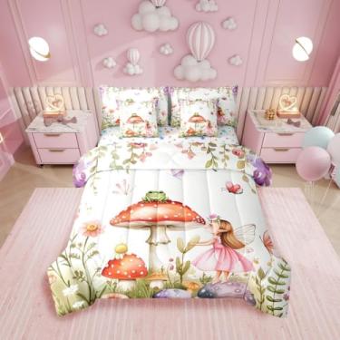 Imagem de Erosebridal Jogo de cama solteiro de jardim de fadas, 7 peças, com tema de cogumelos e sapos, para crianças, meninas, temática floresta, floral, floresta, caprichoso, lençol com elástico + lençol de