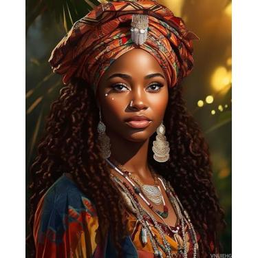 Imagem de VNUIEHG Kits de pintura por números para mulheres afro-americanas 40,6 x 50,8 cm, pintura a óleo DIY para adultos com pincéis e pigmento acrílico, imagem de mulher negra afro-americana para presentes