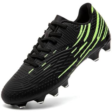 Imagem de DimaiGlobal Chuteiras de futebol para crianças, meninos e meninas, tênis de futebol de solo firme, treinamento ao ar livre, atlético, profissional, gramado, juvenil, tênis unissex, Preto/Verde, 18