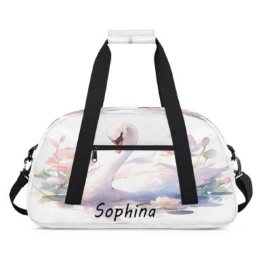 Imagem de Bolsa esportiva personalizada com pintura de flor de cisne de animal com nome, bolsa de dormir personalizada, bolsa de fim de semana, bolsa de treino para dança, balé, academia, ginástica, mala